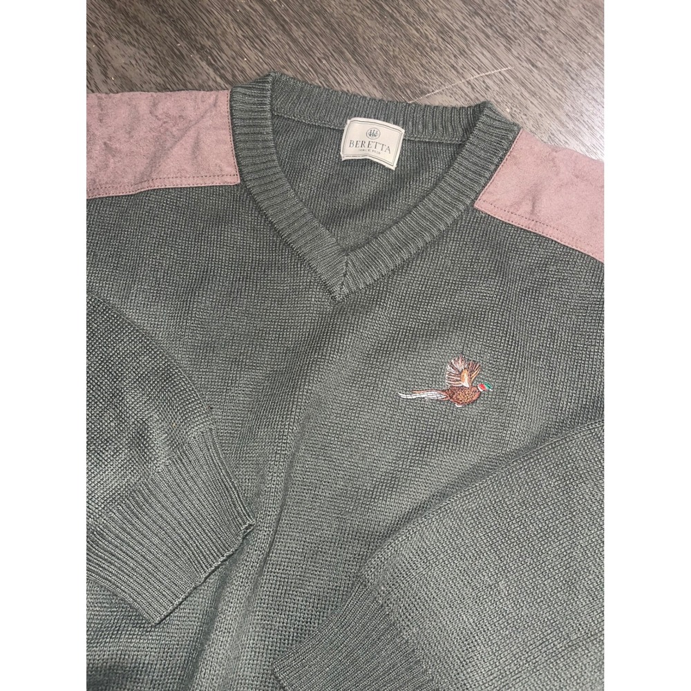 Beretta Mens L Green V-Neck Sweater Pheasant Shooting Patches Wool Blend Italy